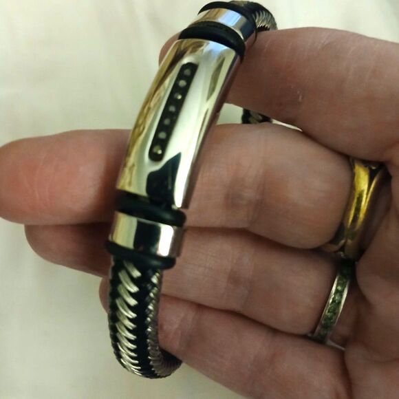 Stainless steel nylon men's 9" bracelet tiny black diamonds unique closure - Picture 1 of 3